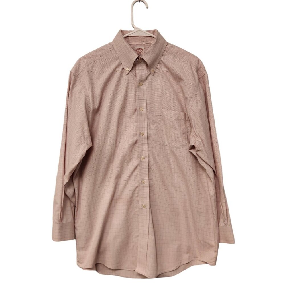 Brooks Brothers Shirt Pink‎ Blue Pinstriped Check Cotton Button 16.5-32 EUC